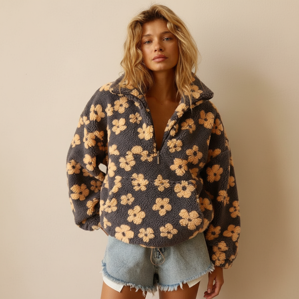 Winter Flowers Lamswollen Sweater - Casual Losse Zip-up Trui voor Dames