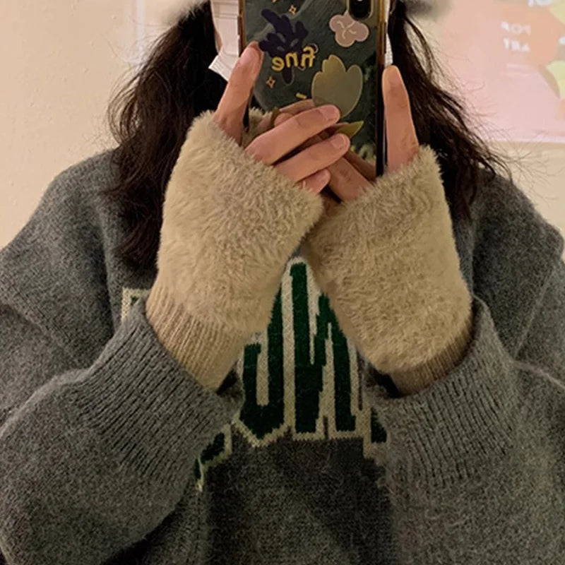 Luxe Warme Vingerloze Winter Handschoenen - Wit Pluche voor Dames