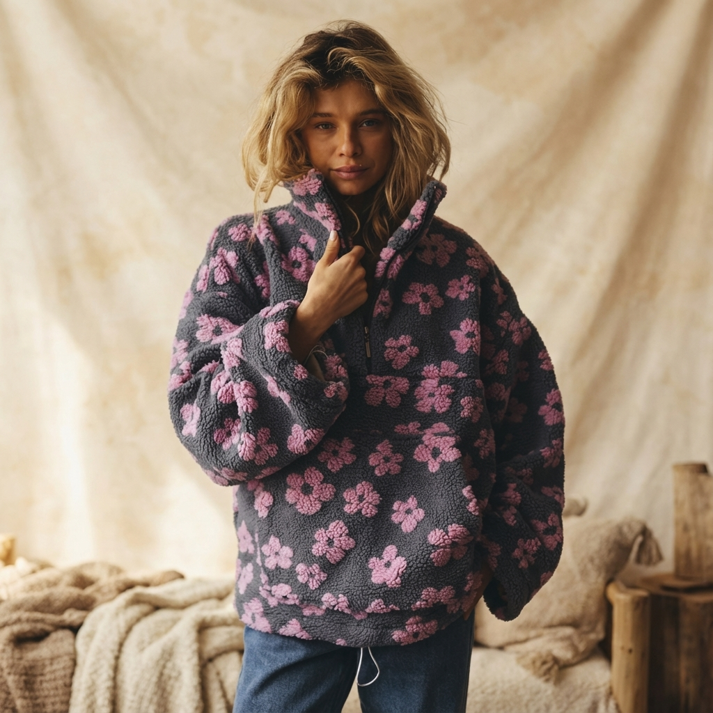 Winter Flowers Lamswollen Sweater - Casual Losse Zip-up Trui voor Dames