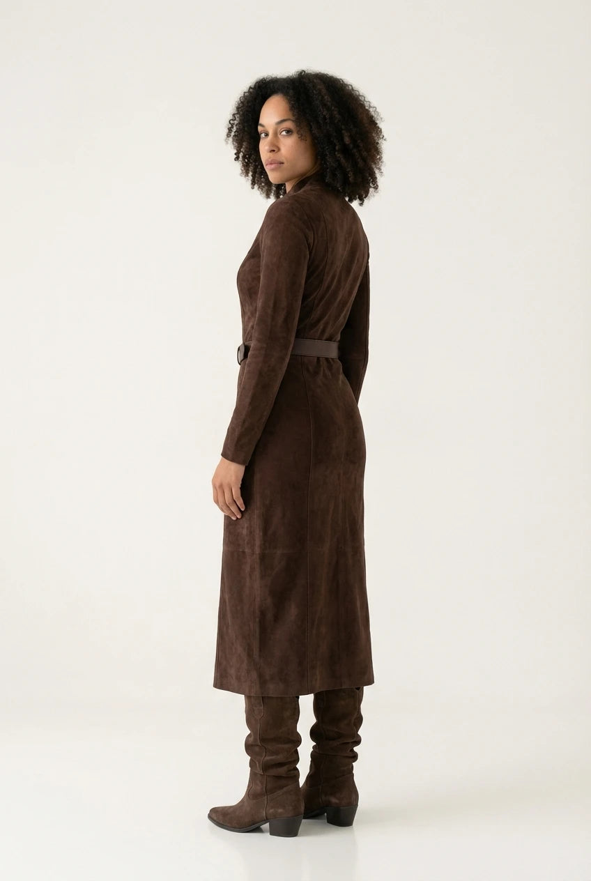 SERENA | Suede-look aansluitende maxi-jurk met split