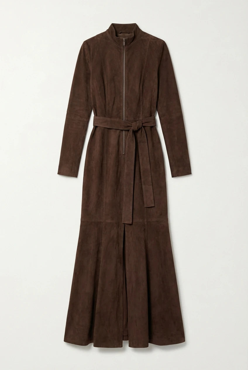 SERENA | Suede-look aansluitende maxi-jurk met split