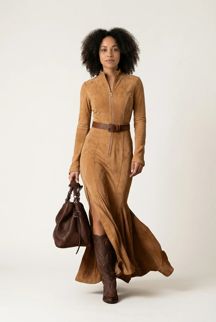 SERENA | Suede-look aansluitende maxi-jurk met split
